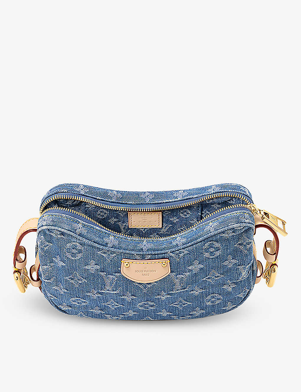 Croissant MM logo-print denim and leather shoulder bag