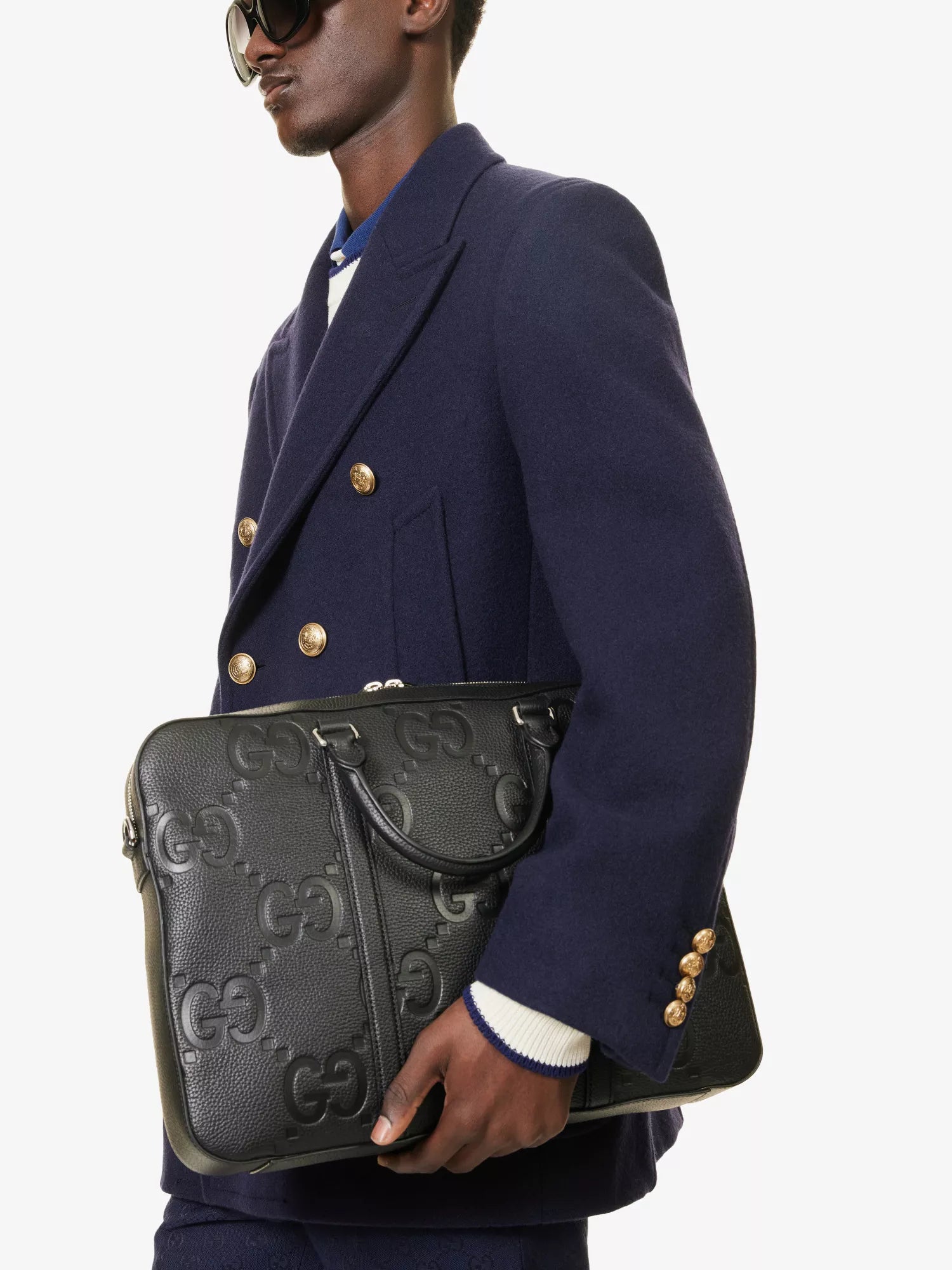 Monogram-embossed leather briefcase