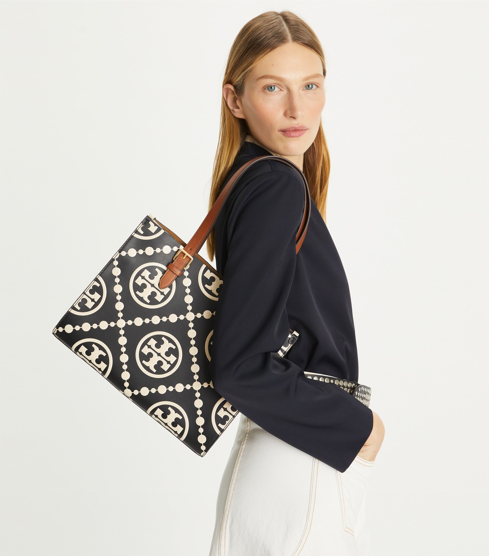 T Monogram Contrast Embossed Tote Bag