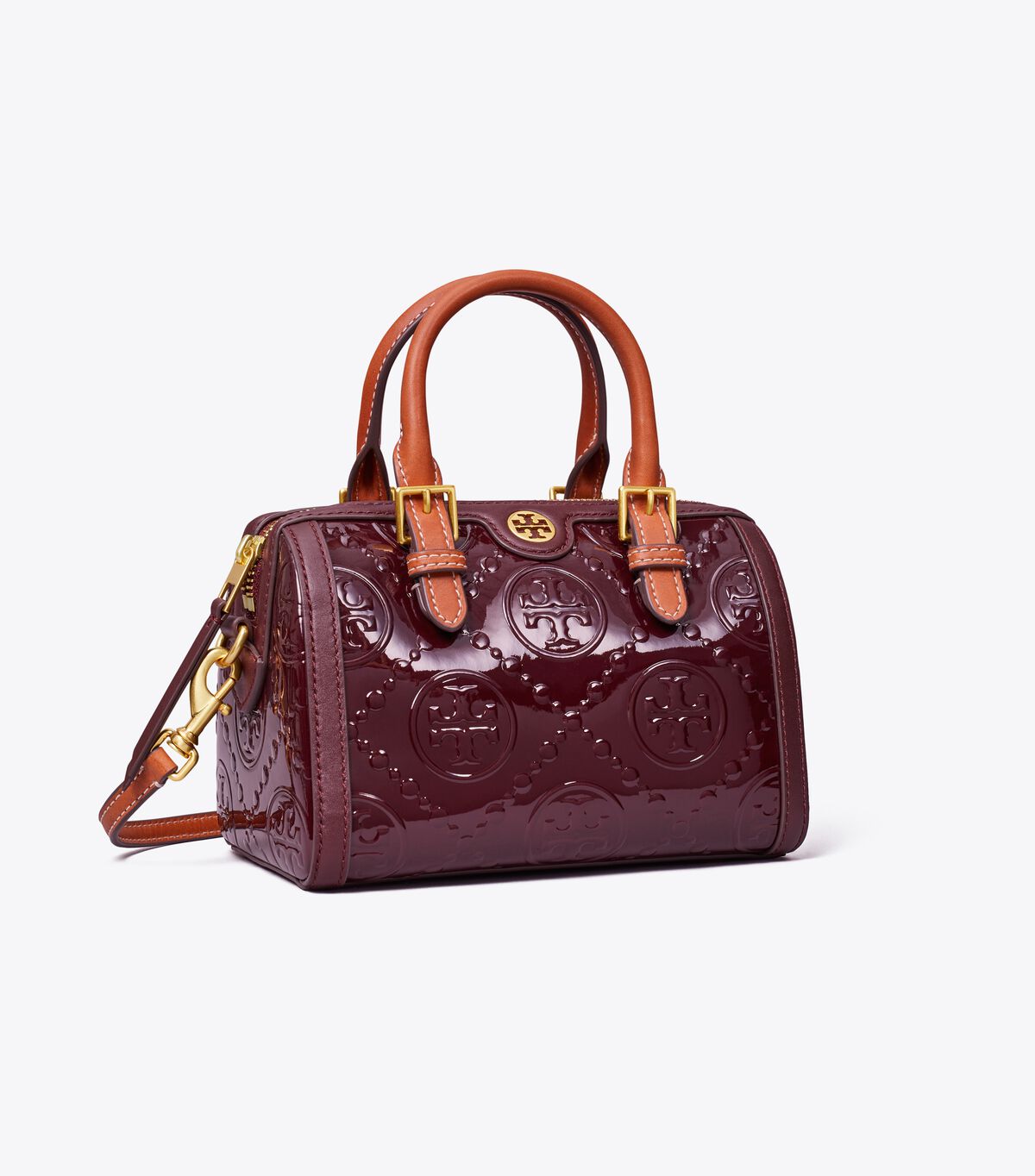 T MONOGRAM PATENT EMBOSSED MINI BARREL BAG